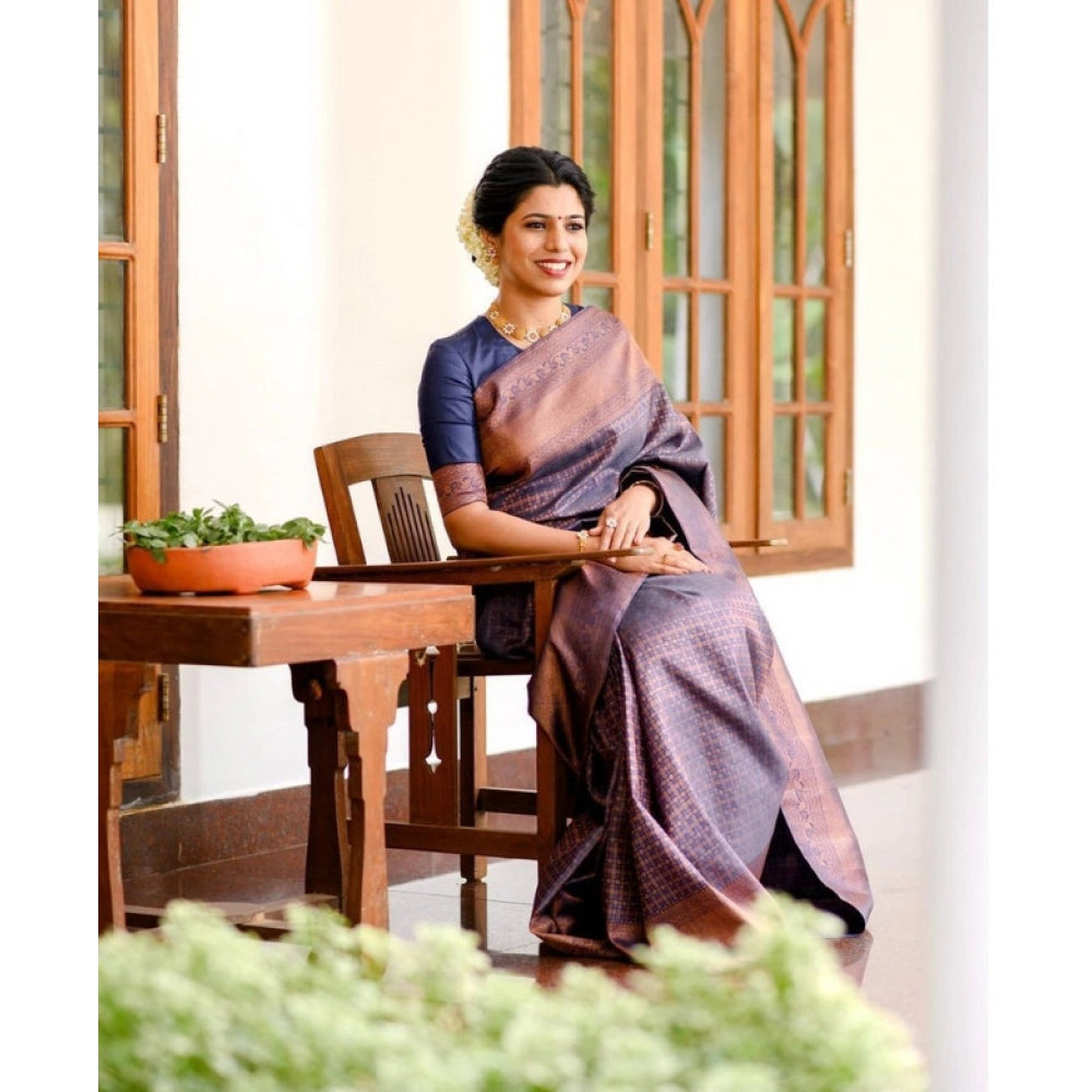 Amfyn Women's Litchi silk Printed Saree With Unstitched Blouse (Navy Blue)