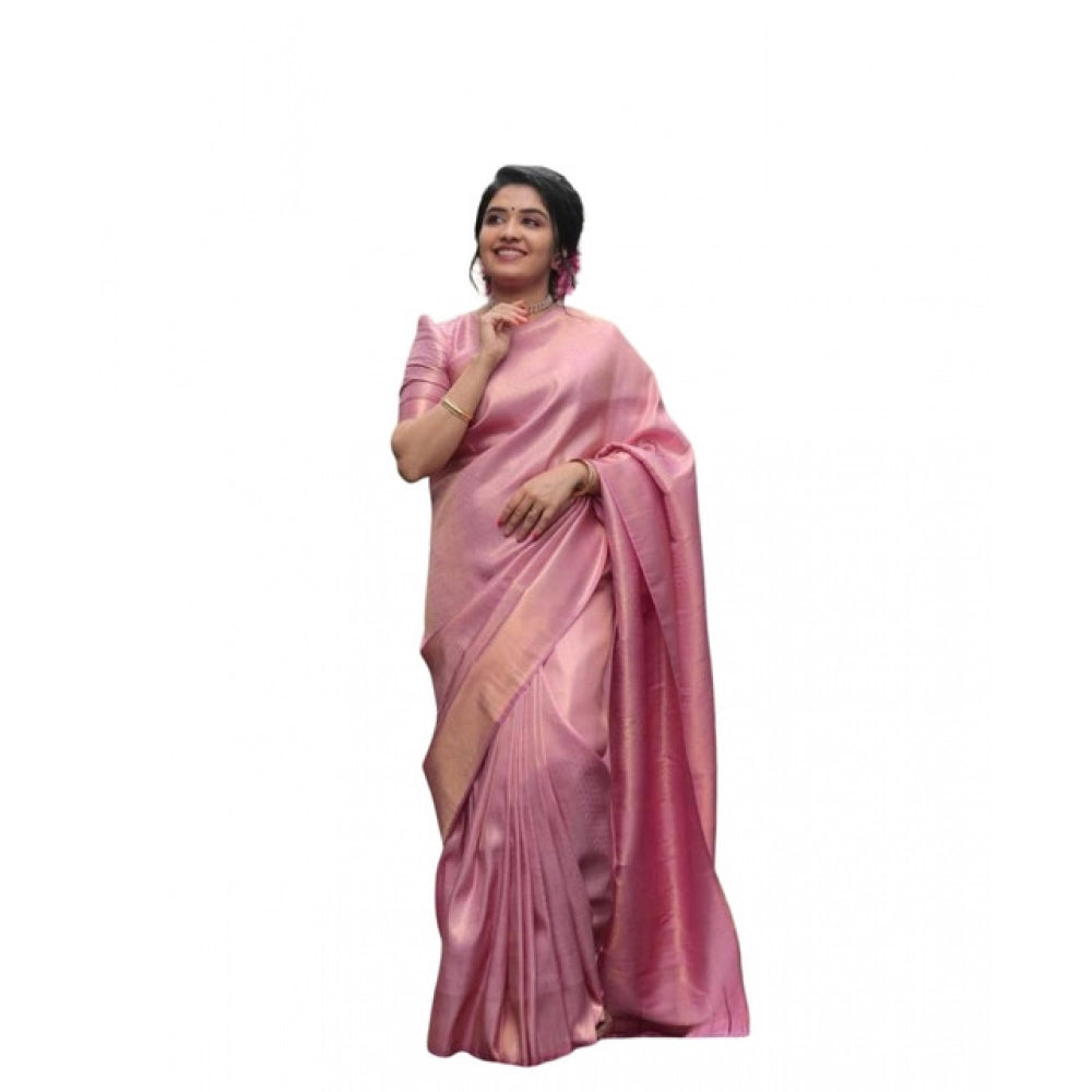 Amfyn Women's Soft Litchi Silk Jacquard Work Saree With Unstitched Blouse 5.5Mtr (Pink)