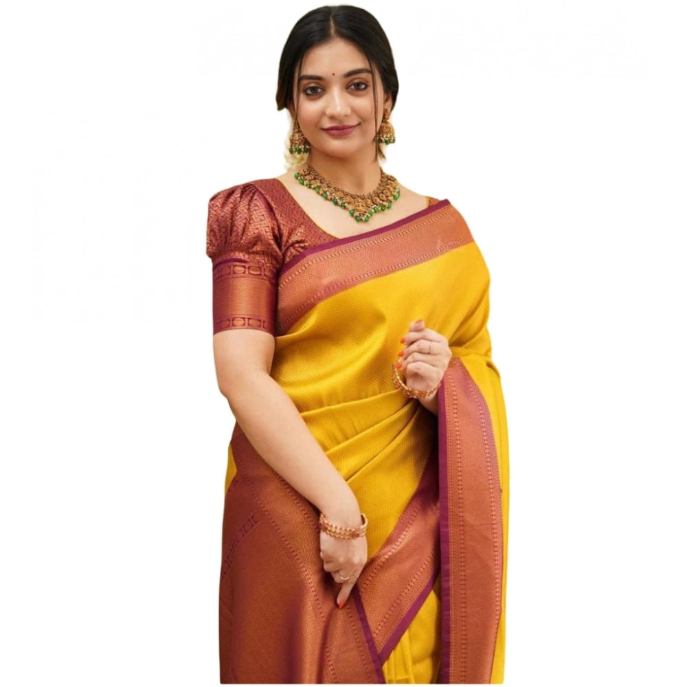 Amfyn Women's Soft Litchi Silk Jacquard Work Saree With Unstitched Blouse 5.5Mtr (Yellow)