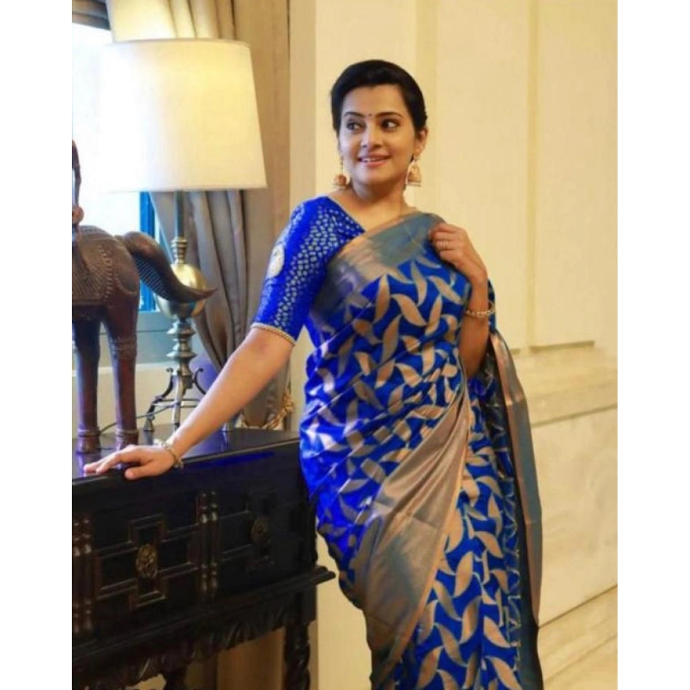 Amfyn Women's Litchi silk Printed Saree With Unstitched Blouse (Blue)