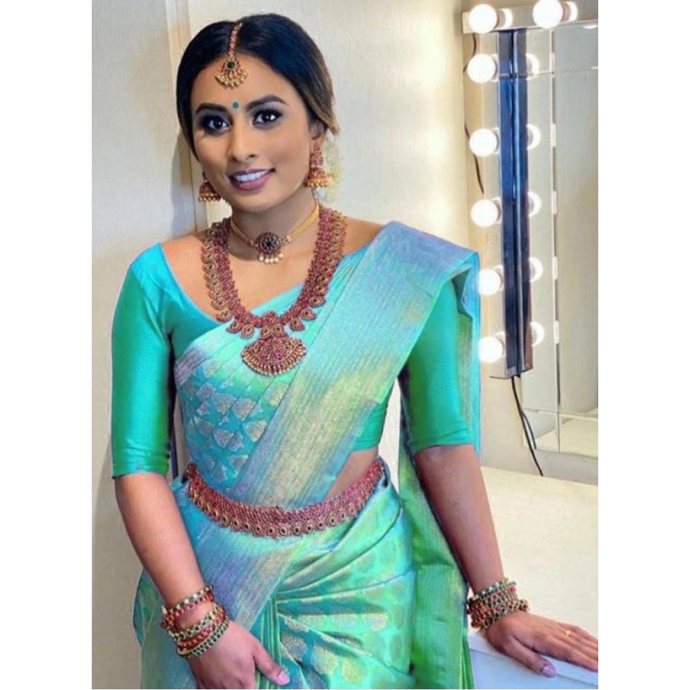 Amfyn Women's Litchi silk Printed Saree With Unstitched Blouse (Green)