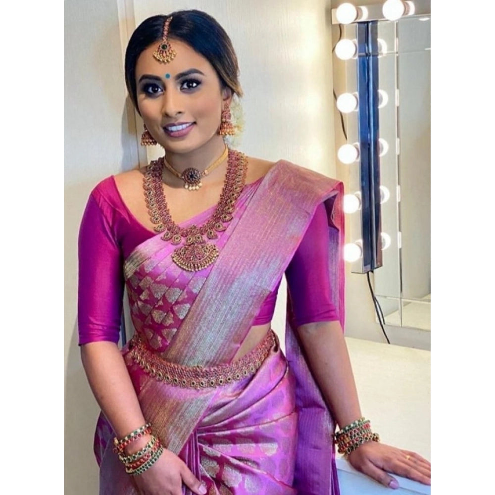 Amfyn Women's Litchi silk Printed Saree With Unstitched Blouse (Pink)