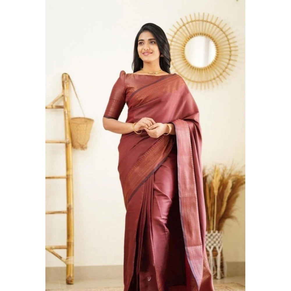 Amfyn Women's Litchi silk Printed Saree With Unstitched Blouse (Maroon)