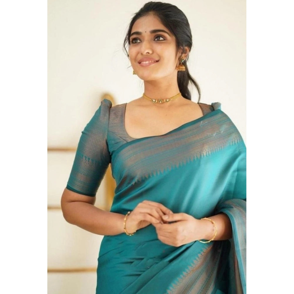 Amfyn Women's Litchi silk Printed Saree With Unstitched Blouse (Rama Blue)