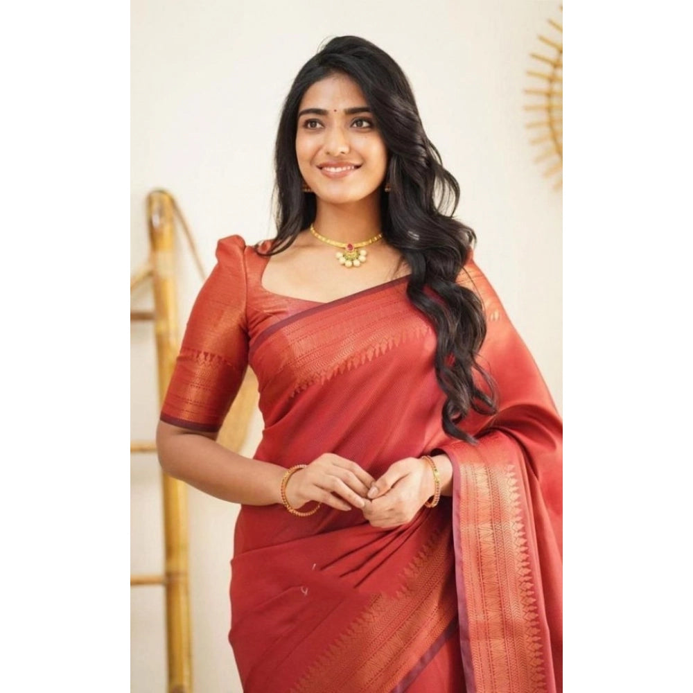 Amfyn Women's Litchi silk Printed Saree With Unstitched Blouse (Red)