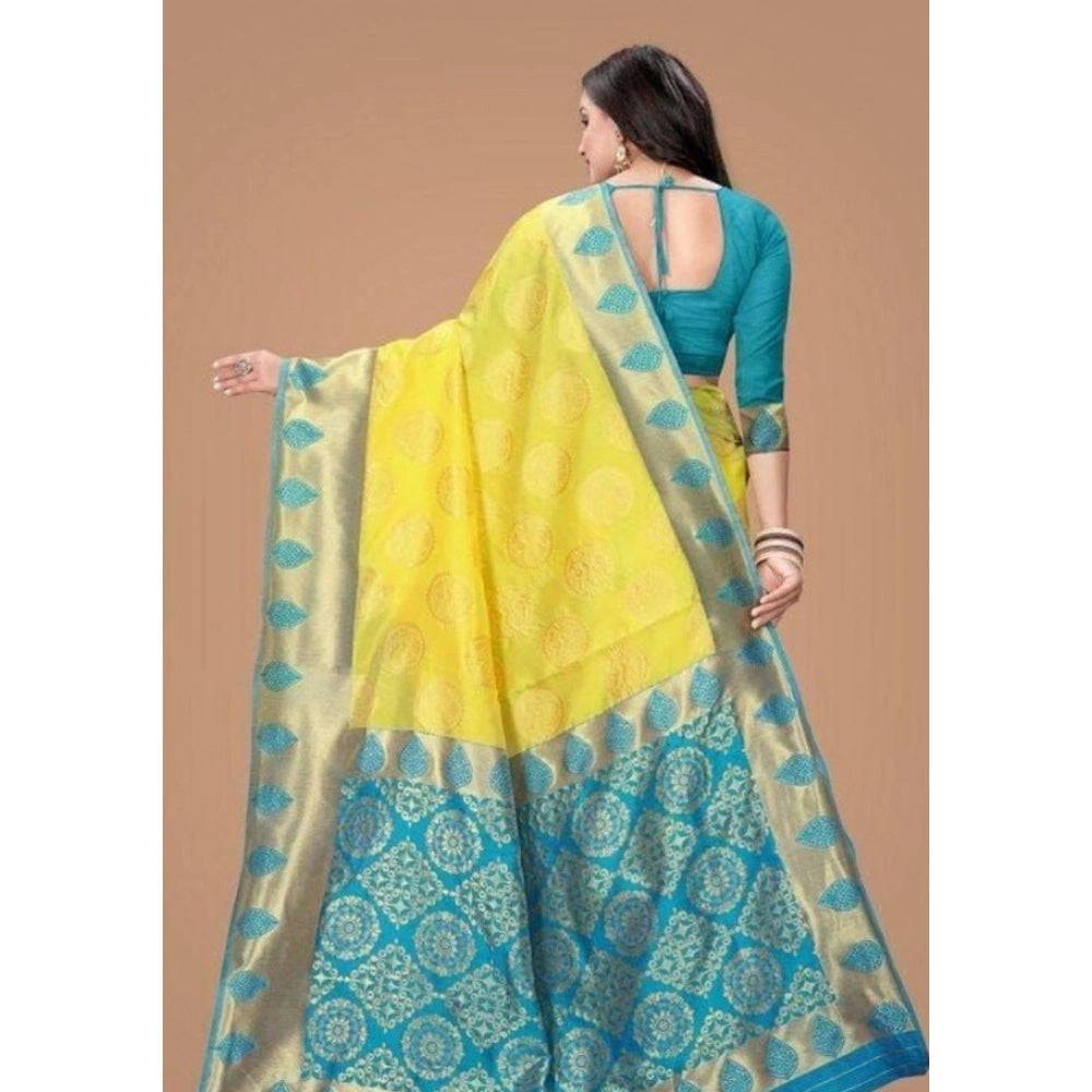 Amfyn Women's Litchi silk Printed Saree With Unstitched Blouse (Yellow)