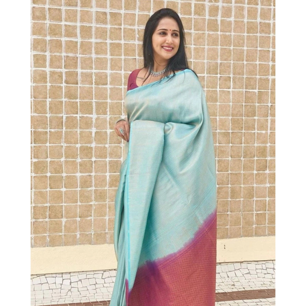 Amfyn Women's Litchi silk Printed Saree With Unstitched Blouse (Blue)