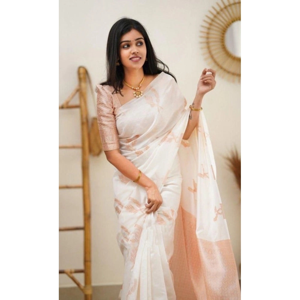 Amfyn Women's Litchi silk Printed Saree With Unstitched Blouse (White)