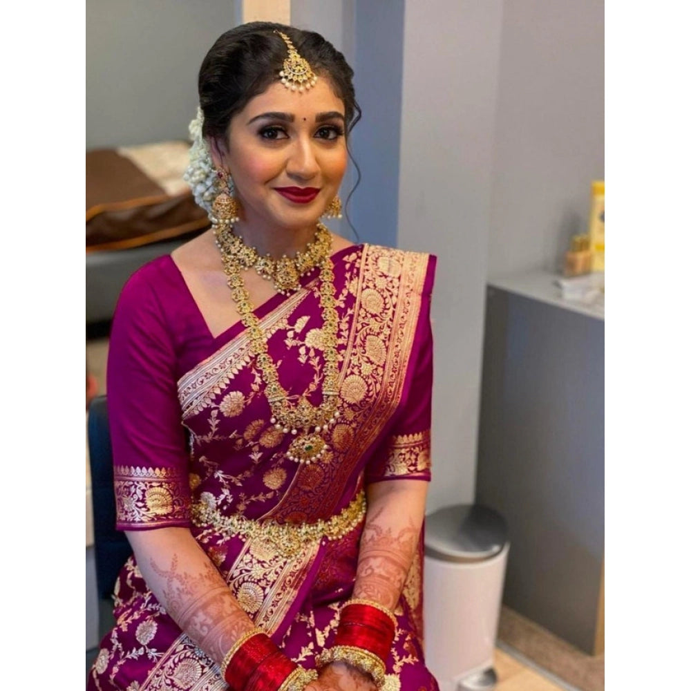 Amfyn Women's Litchi silk Printed Saree With Unstitched Blouse (Magenta With pink)