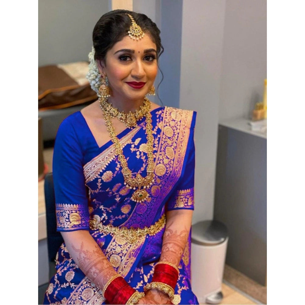 Amfyn Women's Litchi silk Printed Saree With Unstitched Blouse (Navy Blue)