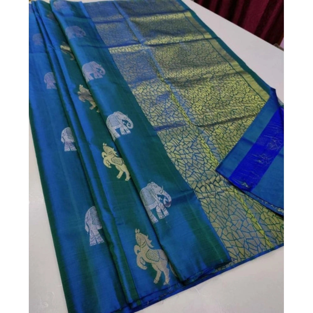 Amfyn Women's Litchi silk Printed Saree With Unstitched Blouse (Turquise Blue)