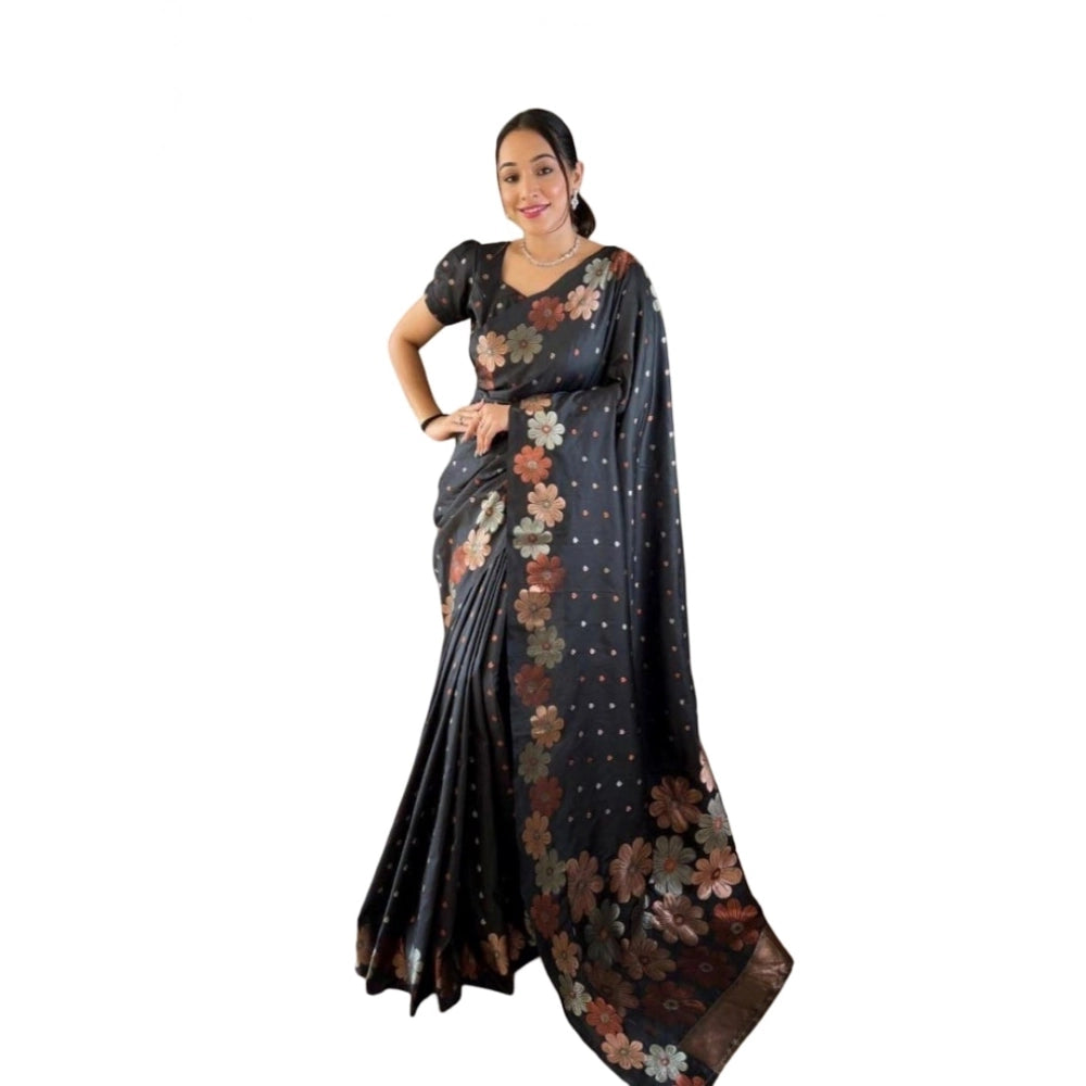 Amfyn Women's Soft Litchi Silk Jacquard Work Saree With Unstitched Blouse 5.5Mtr (Black)