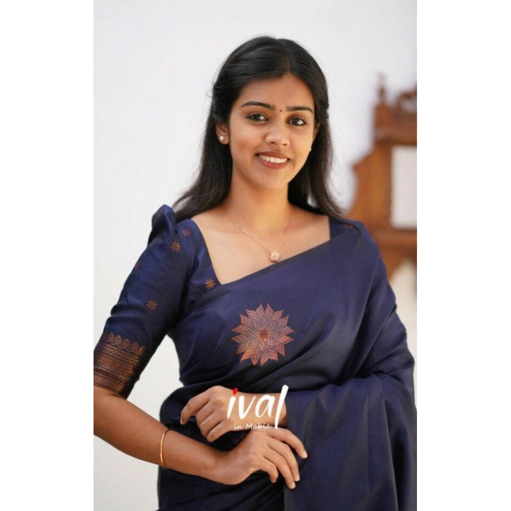 Amfyn Women's Litchi silk Printed Saree With Unstitched Blouse (Dark Blue)