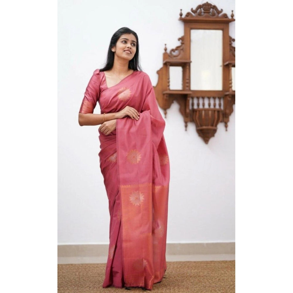 Amfyn Women's Litchi silk Printed Saree With Unstitched Blouse (Peach)