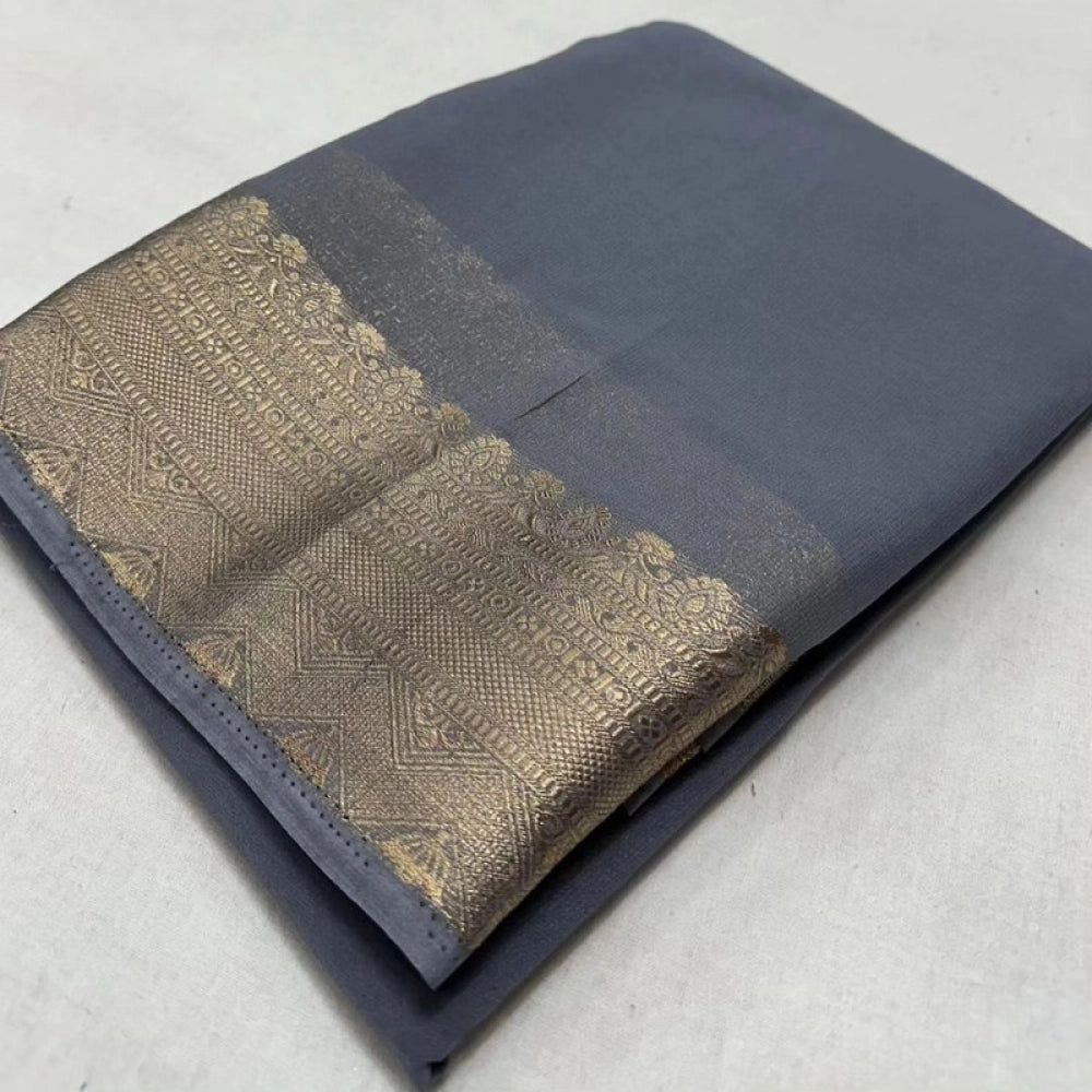 Amfyn Women's Crepe Chit Pallu Solid Saree With Unstitched Blouse 5.5Mtr (Grey)