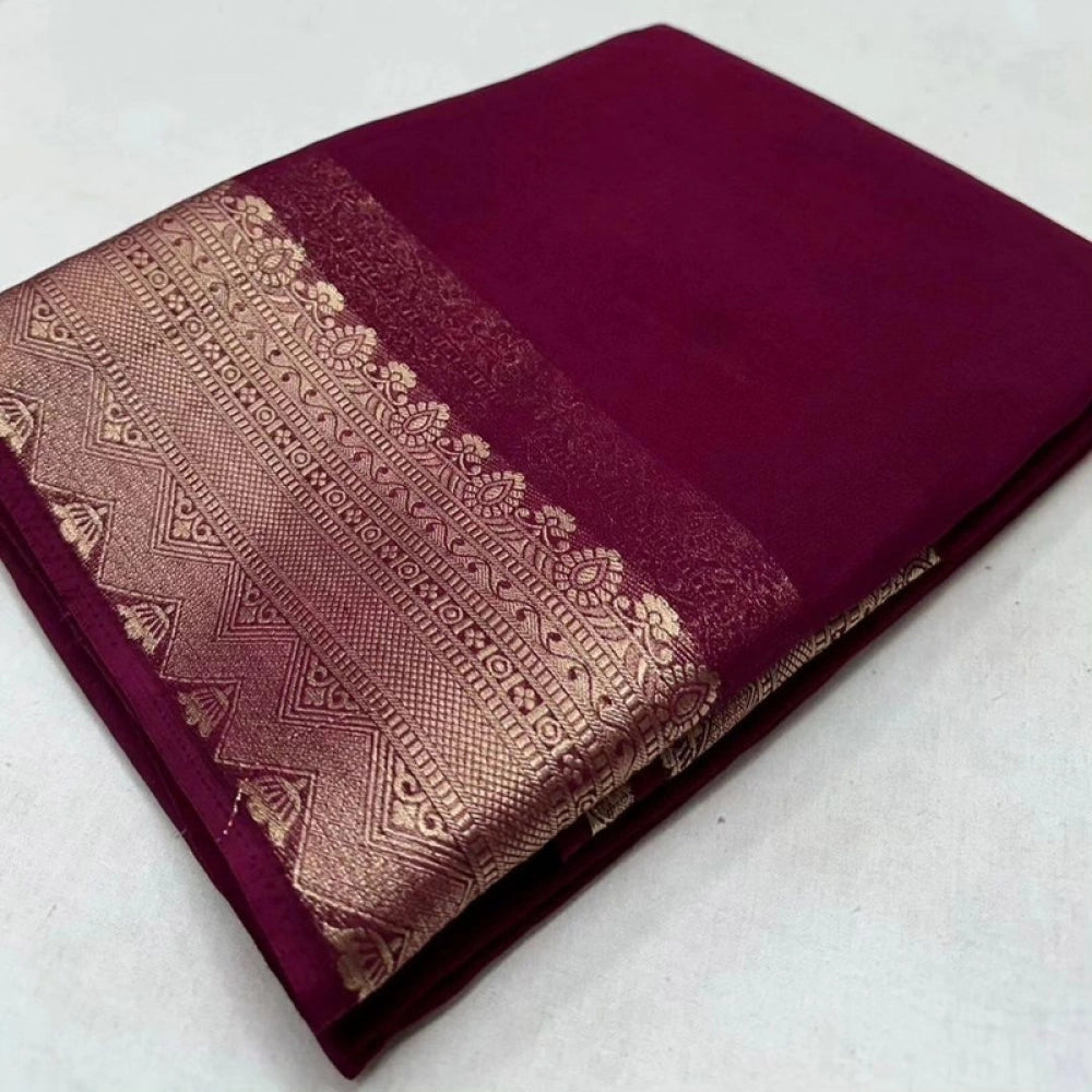 Amfyn Women's Crepe Chit Pallu Solid Saree With Unstitched Blouse 5.5Mtr (Purple)