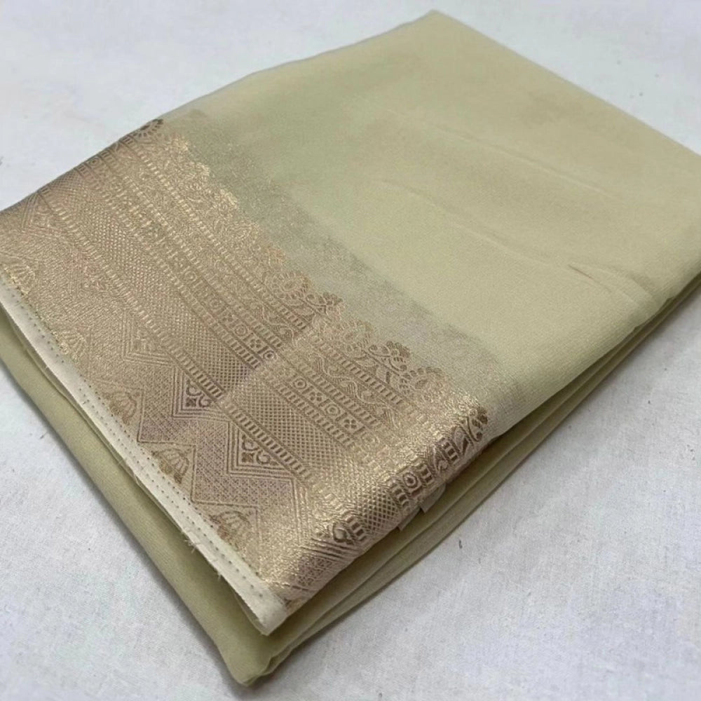 Amfyn Women's Crepe Chit Pallu Solid Saree With Unstitched Blouse 5.5Mtr (Beige)