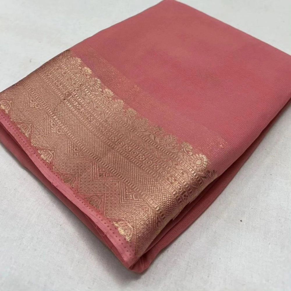 Amfyn Women's Crepe Chit Pallu Solid Saree With Unstitched Blouse 5.5Mtr (Peach)