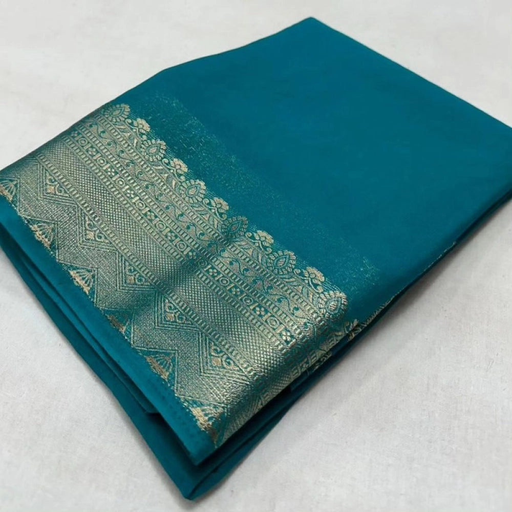 Amfyn Women's Crepe Chit Pallu Solid Saree With Unstitched Blouse 5.5Mtr (Sky Blue)