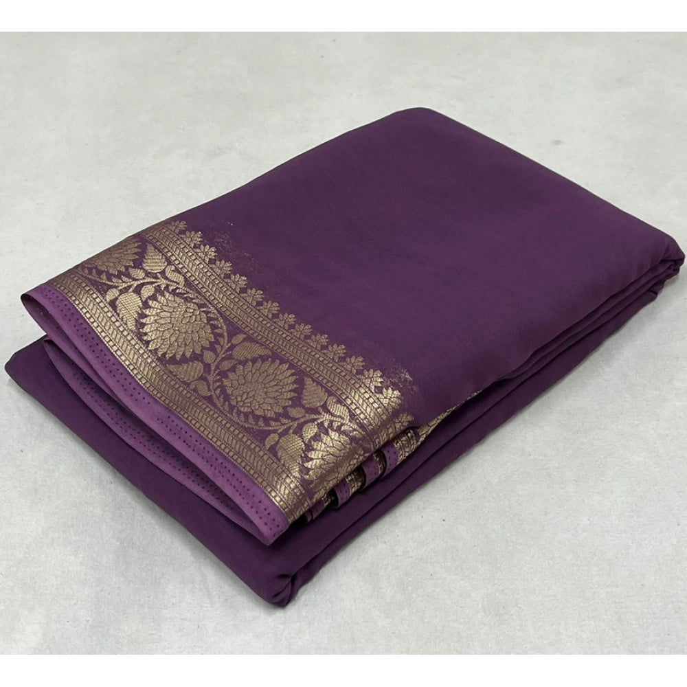 Amfyn Women's Crepe Chit Pallu Solid Saree With Unstitched Blouse 5.5Mtr (Purple)