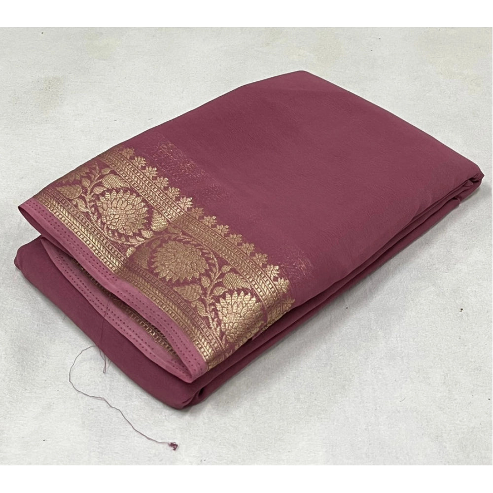 Amfyn Women's Crepe Chit Pallu Solid Saree With Unstitched Blouse 5.5Mtr (Peach)
