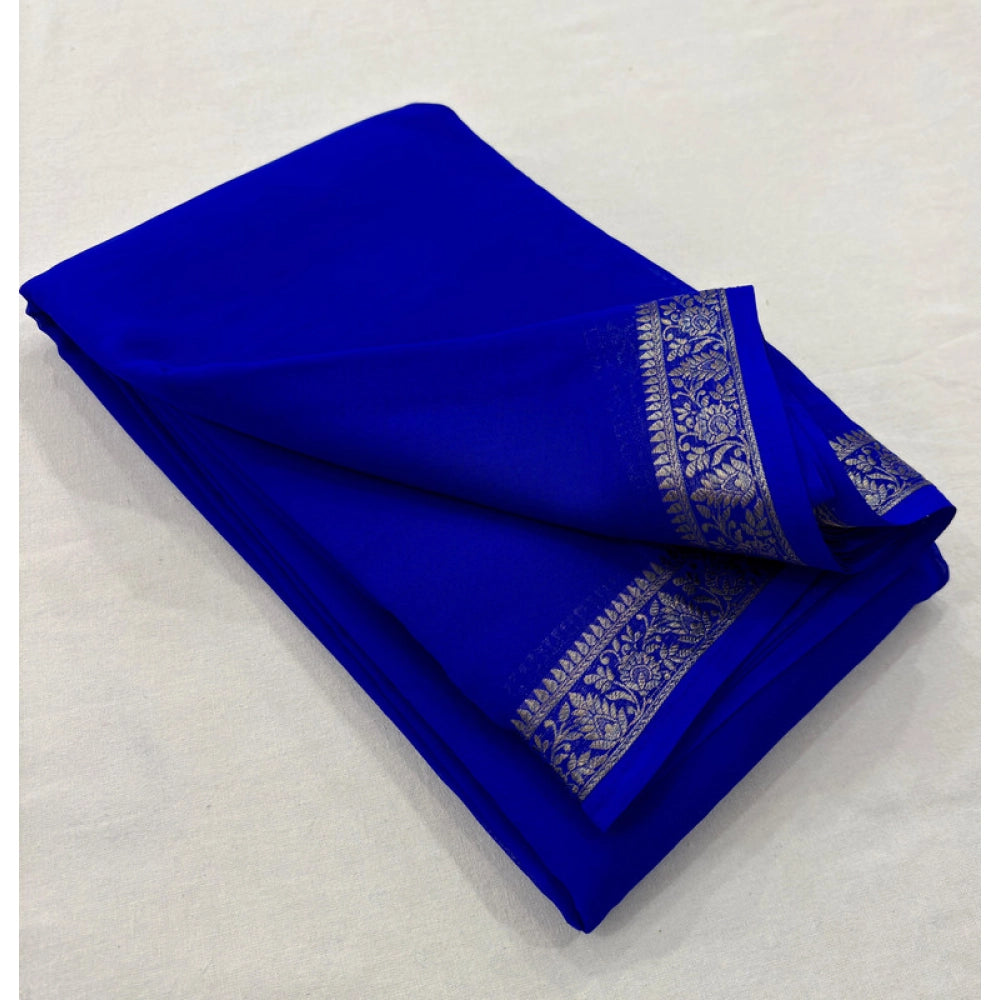 Amfyn Women's Crepe Chit Pallu Solid Saree With Unstitched Blouse 5.5Mtr (Blue)