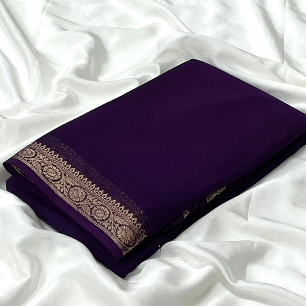 Amfyn Women's Crepe Chit Pallu Solid Saree With Unstitched Blouse 5.5Mtr (Dark Purple)