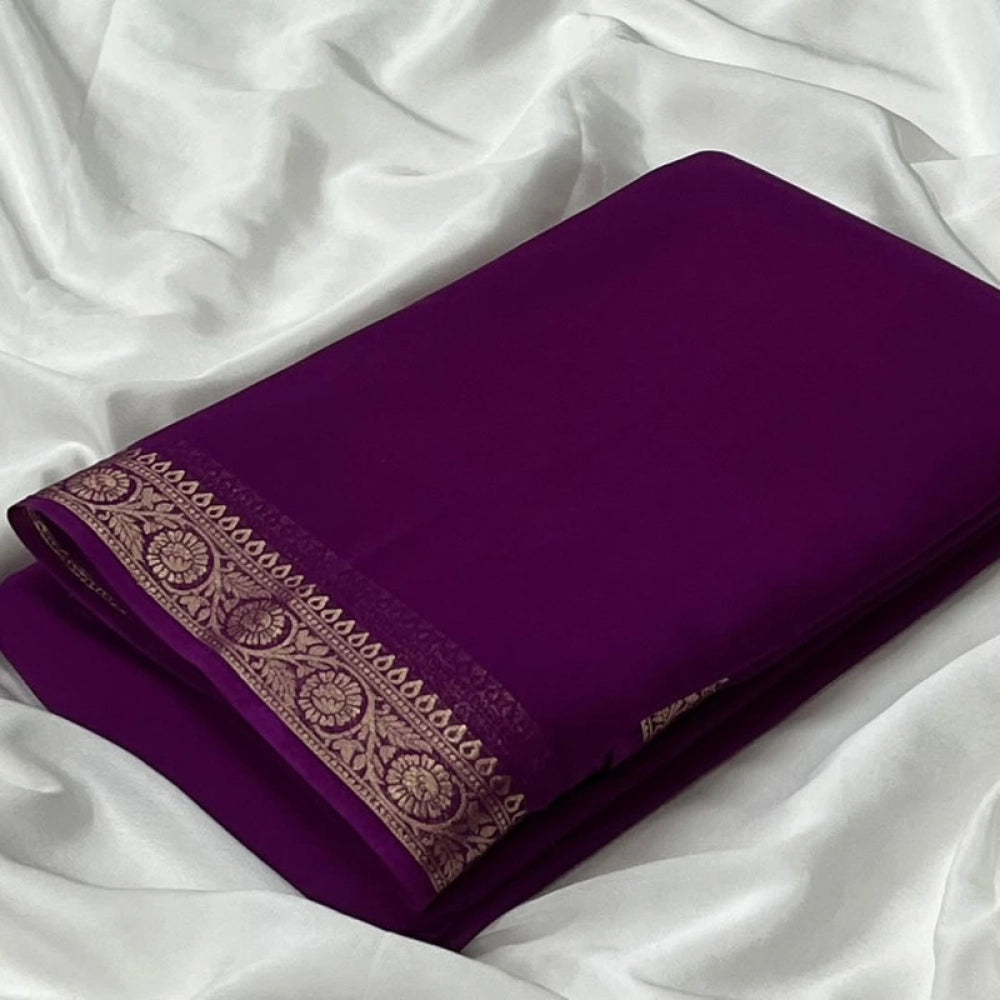 Amfyn Women's Crepe Chit Pallu Solid Saree With Unstitched Blouse 5.5Mtr (Wine)