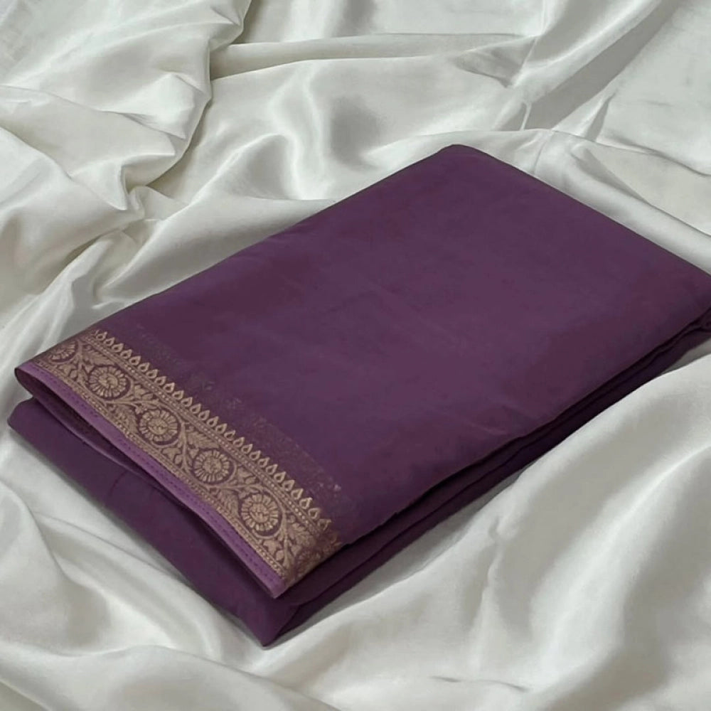 Amfyn Women's Crepe Chit Pallu Solid Saree With Unstitched Blouse 5.5Mtr (Violet)