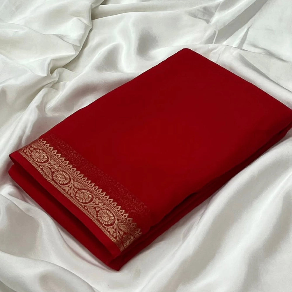 Amfyn Women's Crepe Chit Pallu Solid Saree With Unstitched Blouse 5.5Mtr (Red)