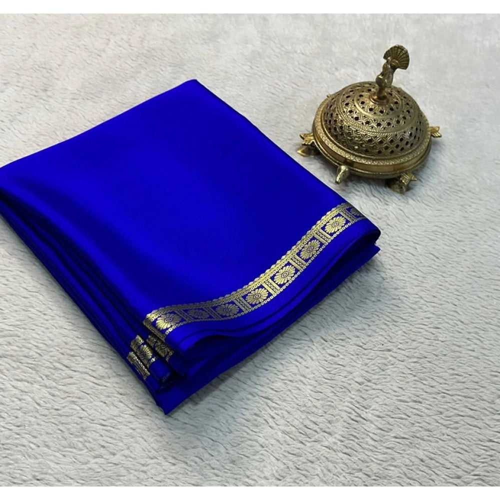 Amfyn Women's Crepe Chit Pallu Solid Saree With Unstitched Blouse 5.5Mtr (Blue)