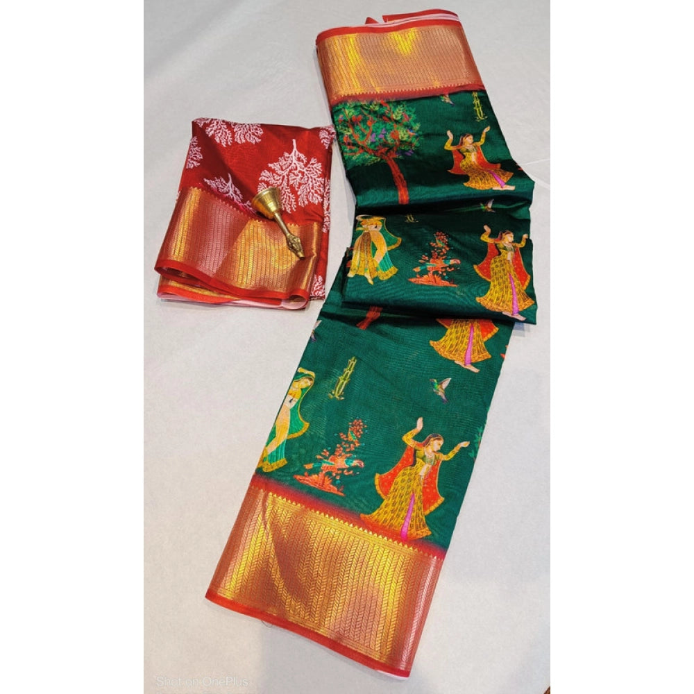 Amfyn Women's Digital Dolla Silk Printed Saree With Unstitched Blouse 5.5Mtr (Green)