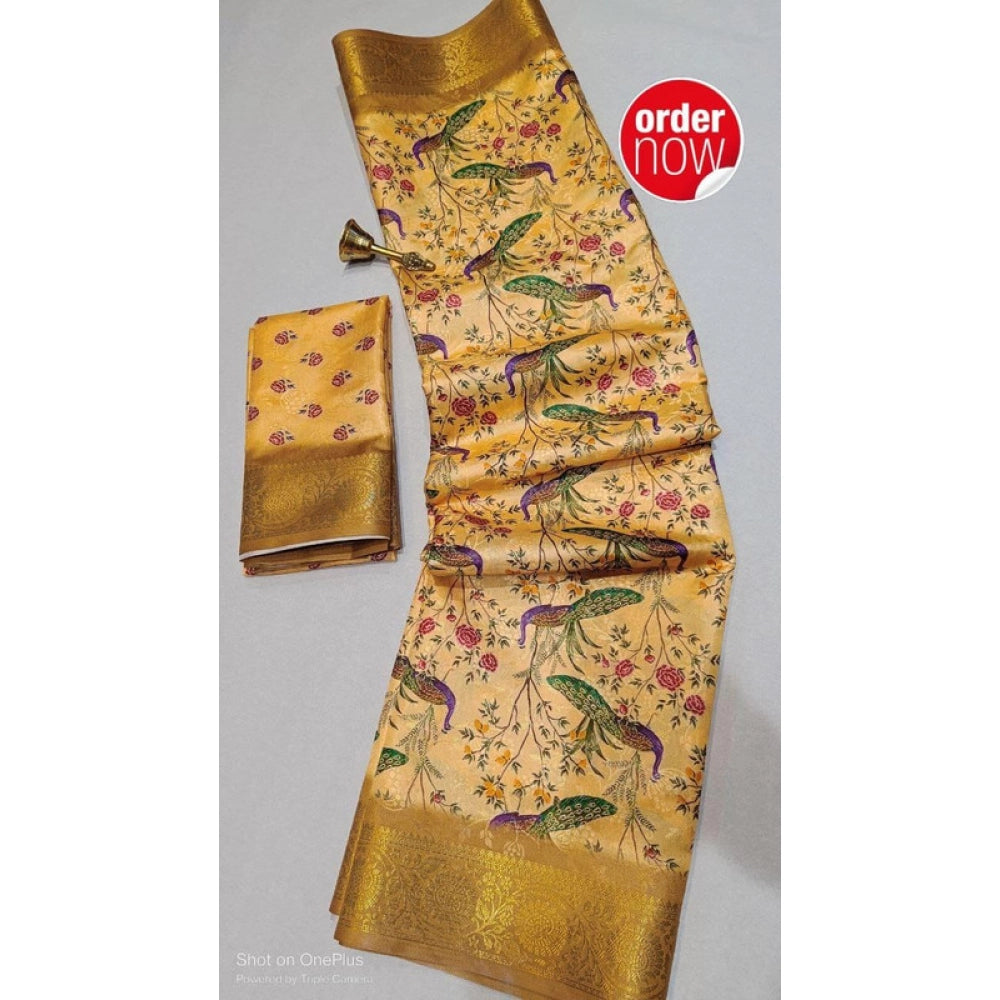 Amfyn Women's Digital Dolla Silk Printed Saree With Unstitched Blouse 5.5Mtr (Mustard)