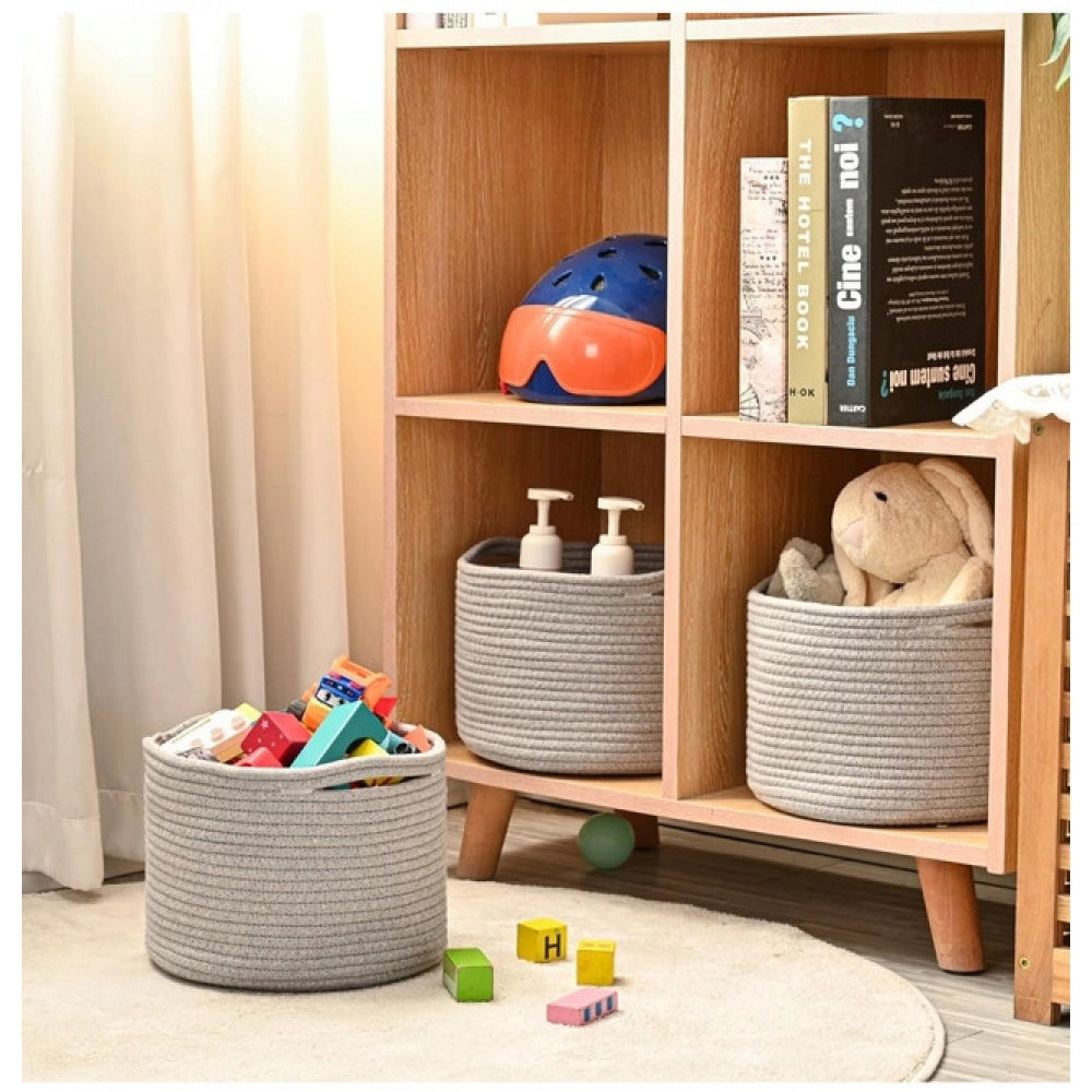 Amfyn Cotton 9x7 Inch Pack of 3 Storage Basket For Clothes (Gray)