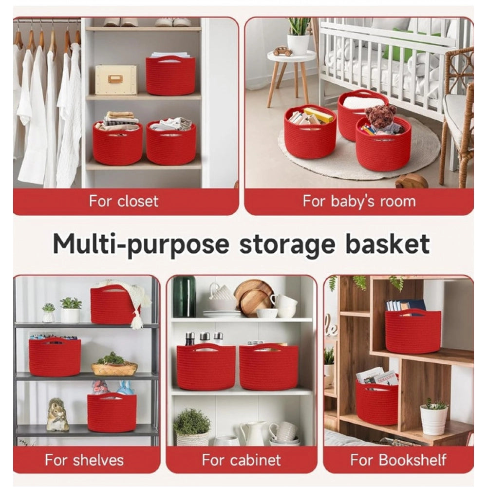 Amfyn Cotton 9x7 Inch Pack of 3 Storage Basket For Clothes (Red)