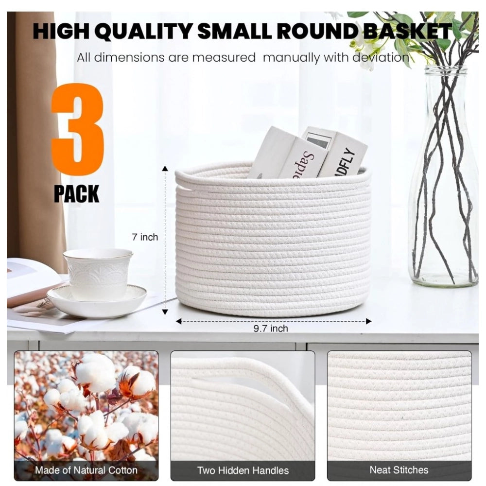 Amfyn Cotton 9x7 Inch Pack of 3 Storage Basket For Clothes (White)