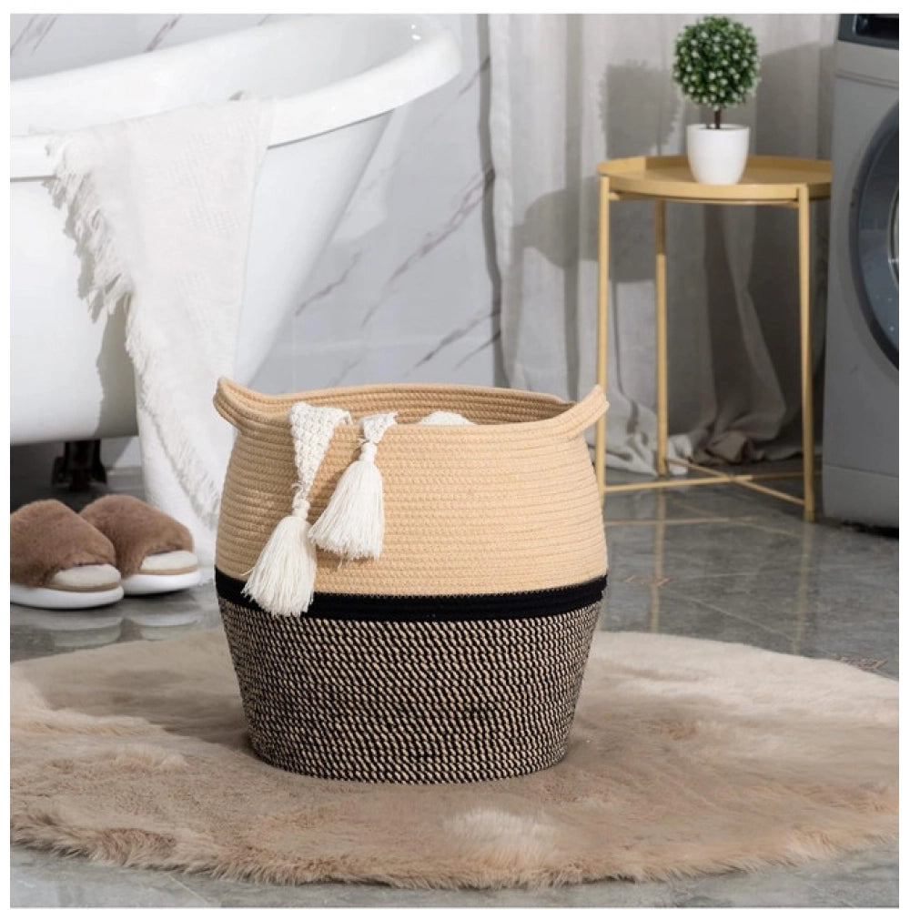 Amfyn Cotton Matka 14x12 Inch Storage Basket For Clothes (Beige Black)
