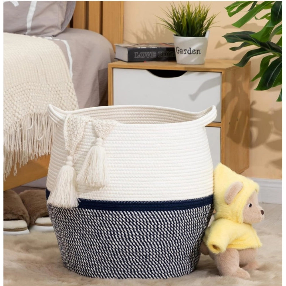Amfyn Cotton Matka 14x12 Inch Storage Basket For Clothes (Gray White)