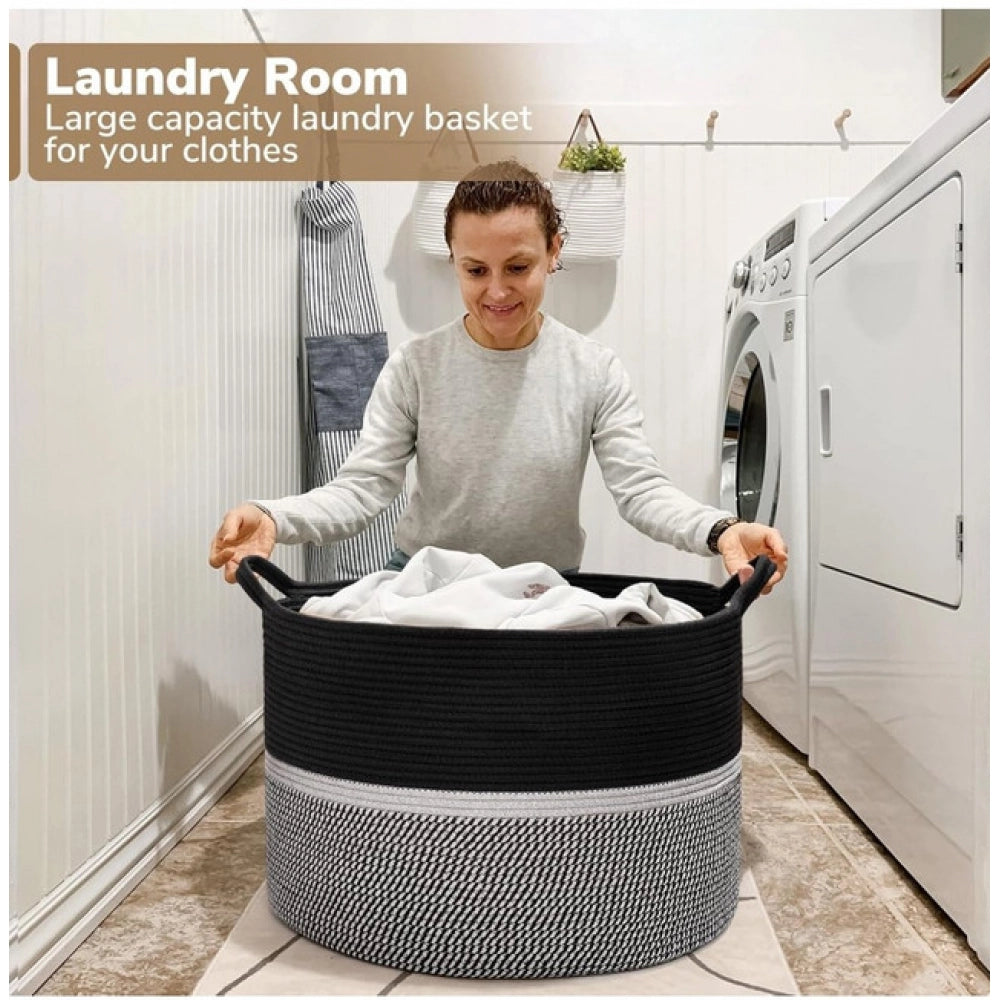 Amfyn Cotton Dori 16x14 Inch Storage Basket For Clothes (Black-Black White)