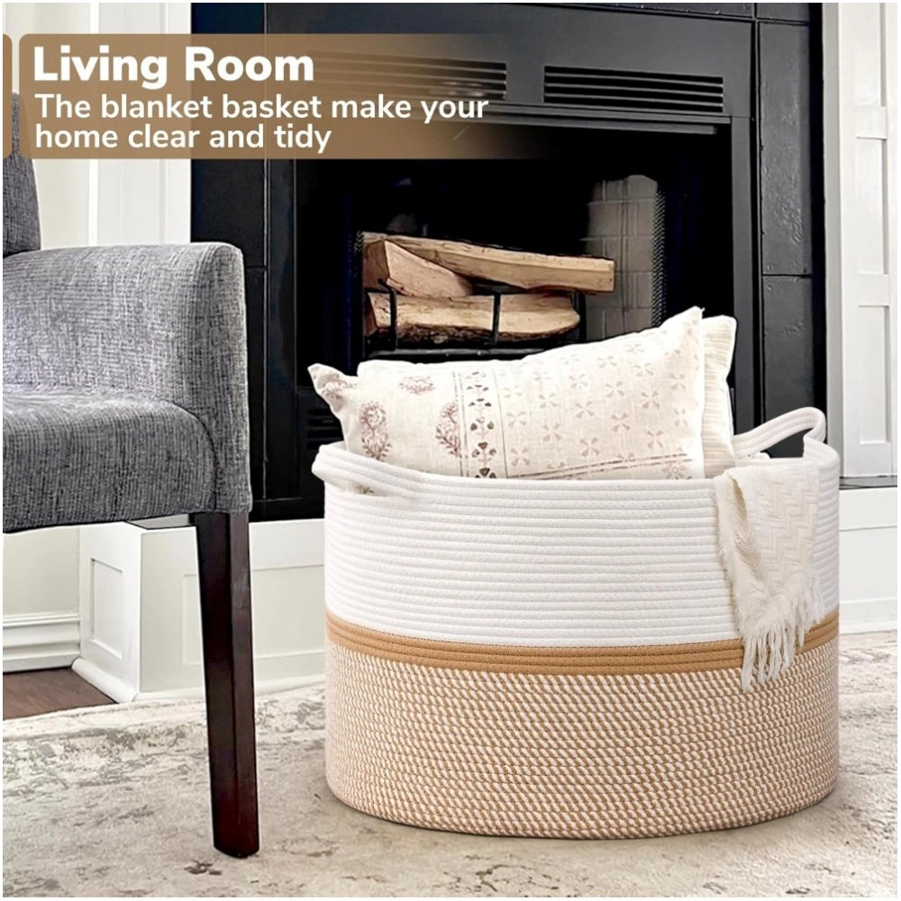 Amfyn Cotton Dori 16x14 Inch Storage Basket For Clothes (White-Beige White)