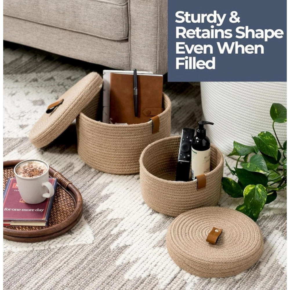 Amfyn Cotton 2 Pcs Set Roti Box Storage Basket With Lid (Beige)