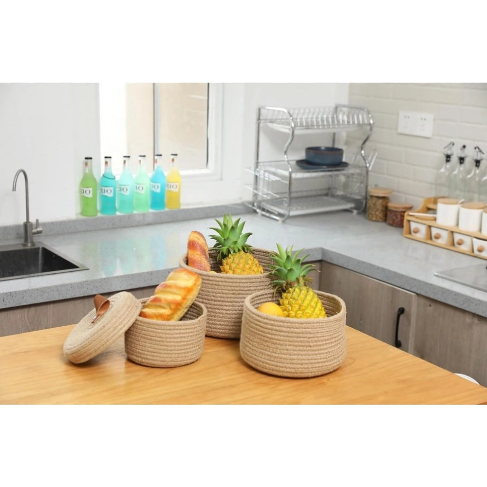 Amfyn Cotton 3 Pcs Set Roti Box Storage Basket With Lid (Beige)