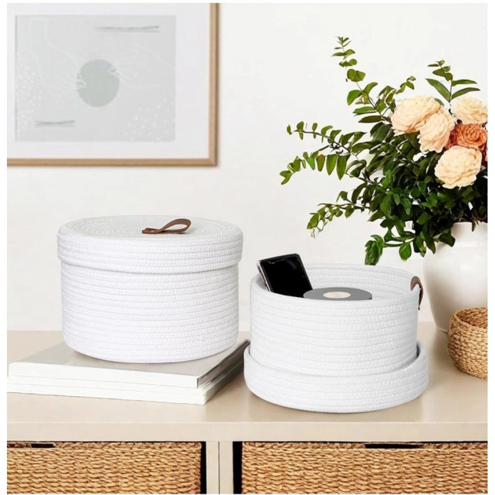 Amfyn Cotton 3 Pcs Set Roti Box Storage Basket With Lid (White)