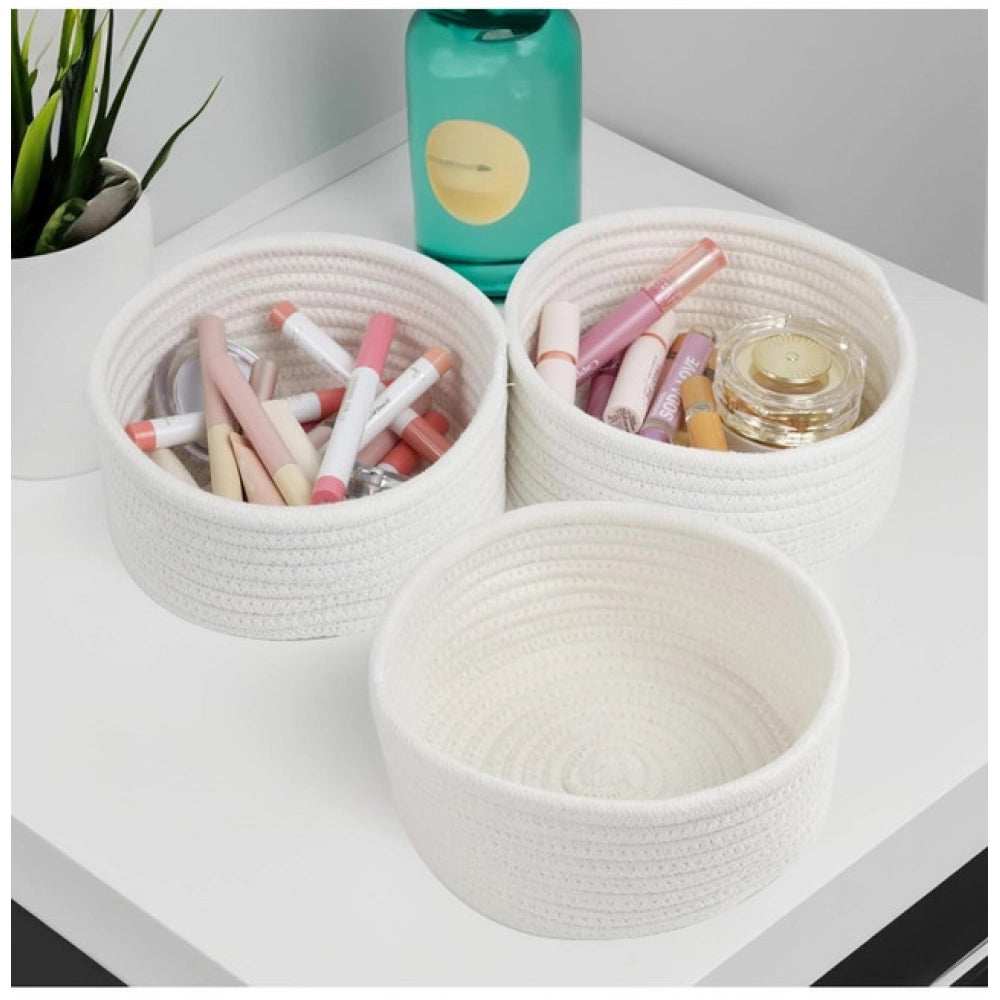 Amfyn Cotton 8x3 Inch Round 3 Set Bedside Organizer (White)
