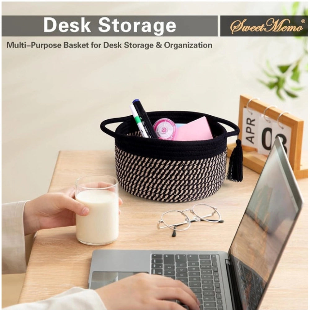 Amfyn Cotton 8x4 Inch Round 2 Set With Jhalar Bedside Organizer (Black Beige)