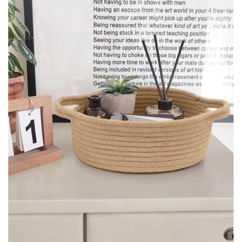 Amfyn Cotton 8x3 Inch Round Bedside Organizer (Beige)