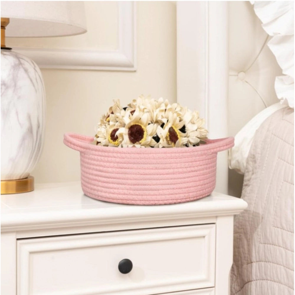 Amfyn Cotton 8x3 Inch Round Bedside Organizer (Pink)