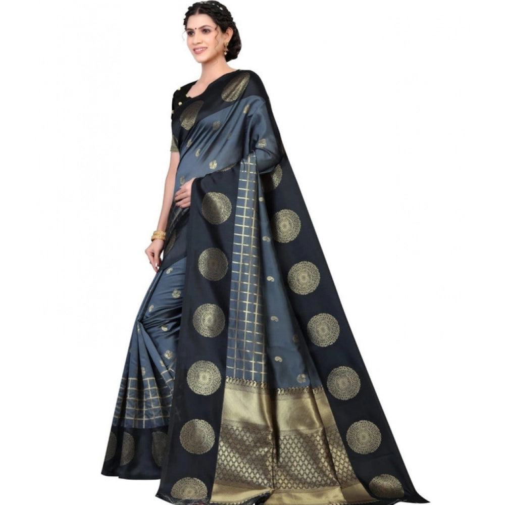 Amfyn Women's Soft Lichi Silk Printed Saree With Unstitched Blouse 5.5Mtr (Black)