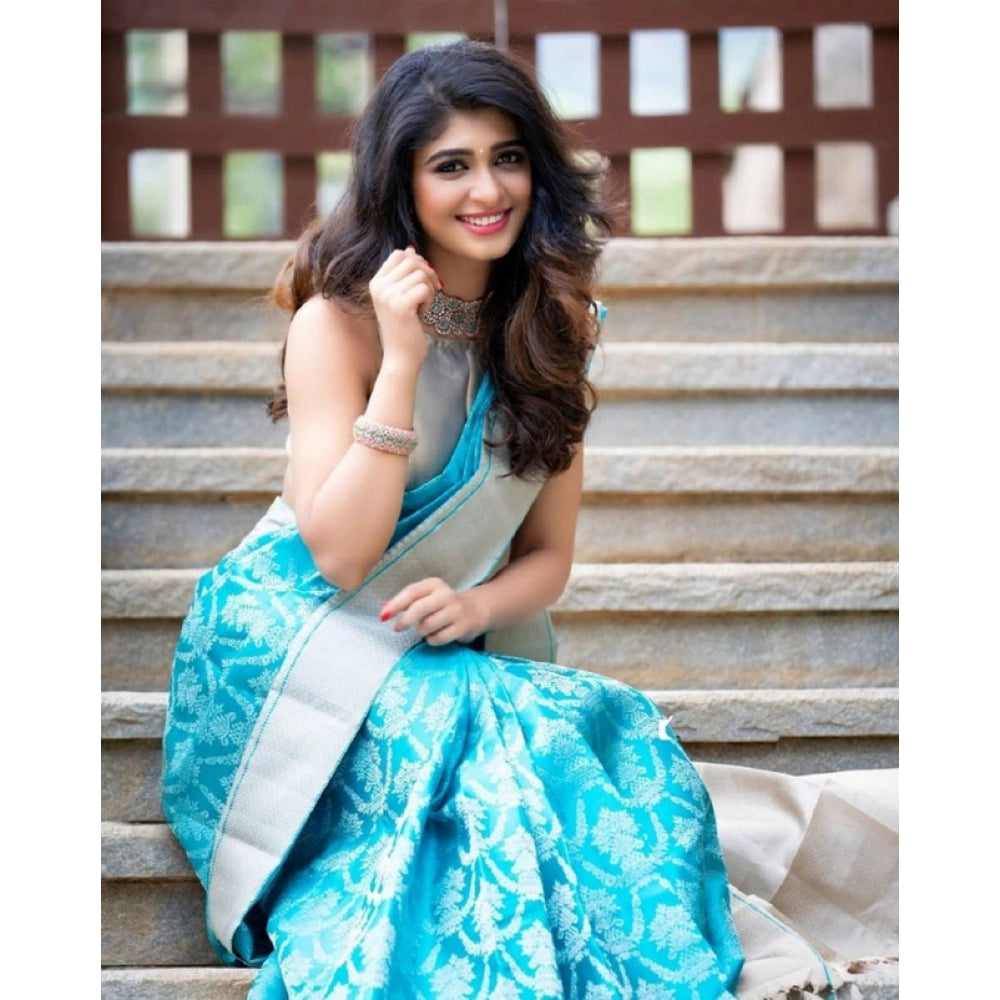 Amfyn Women's Soft Lichi Silk Printed Saree With Unstitched Blouse 5.5Mtr (Sky-Blue)