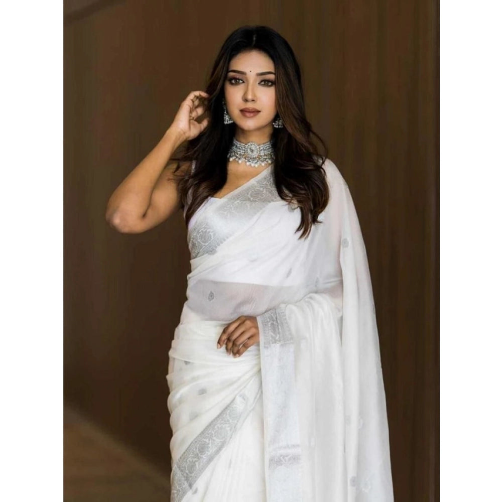 Amfyn Women's Soft Lichi Silk Printed Saree With Unstitched Blouse 5.5Mtr (White)